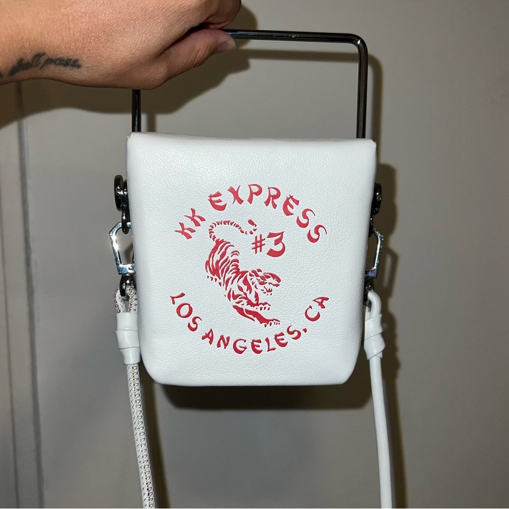Kendall & Kylie White Crossbody Bag with Chinese takeout design